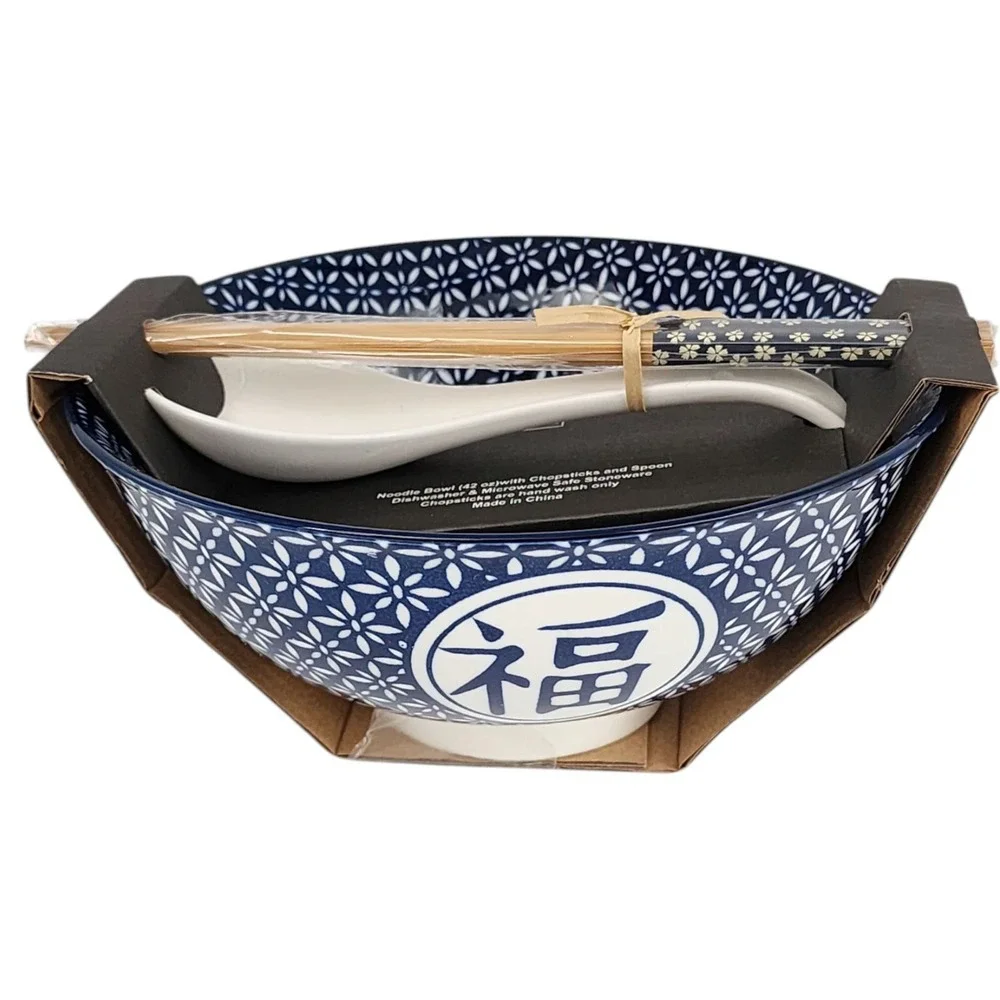 SH Home Blue Fu Floral Ceramic Ramen Noodle Bowl 42oz With 2 Chopstick And Spoon